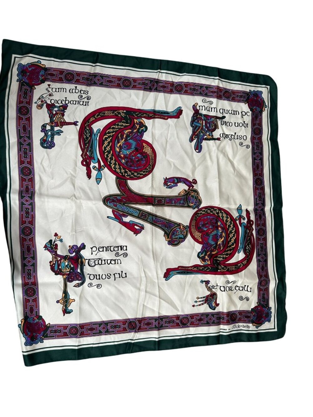 Celtic Design Square Scarf 100% Polyester Green/White inspired by book of Kells